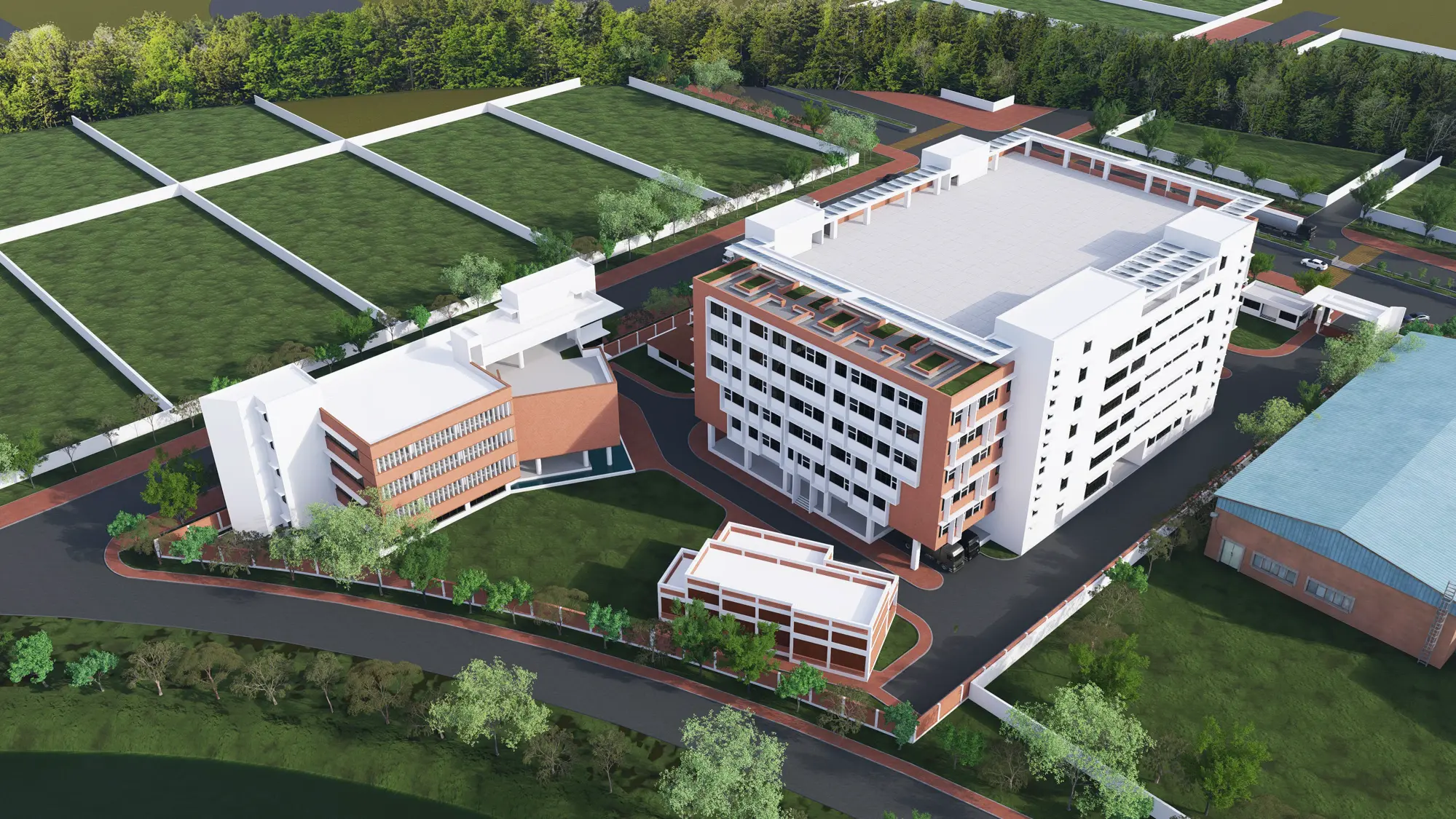 Bird's-eye view from the north-west corner — architectural visualisation